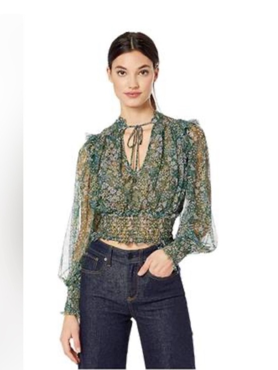 Free People Tops - Free People Twyla Green Floral Tie-Front Shirred Waist Blouse - Size Small